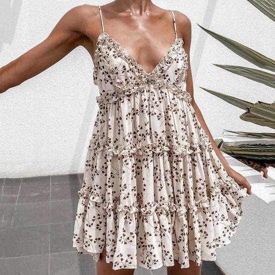 

Spaghetti Straps Deep V-neck Short Dress Loose Hem Women Floral Lace Trim Mini Dress Streetwear M розовый