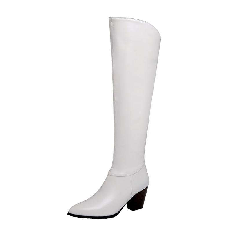

Meotina Women Knee High Long Boots Pointed Toe Thick High Heels Zipper Gogo Boots Ladies Fashion Shoes Autumn Winter Black White 46 33 белый