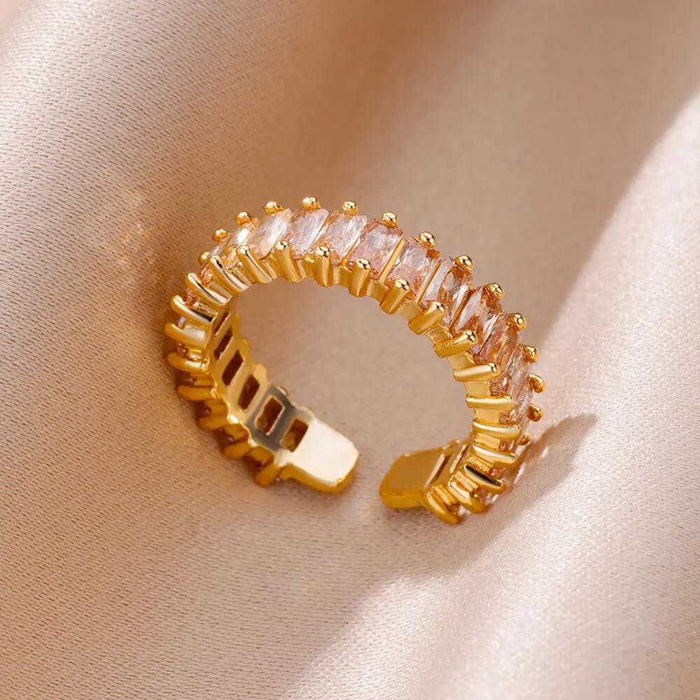 Colorful Cubic Zircon Ring for Women Stainless Steel Gold Color Open Ring Vintage Boho Wedding Party Zircon Gift Accessories