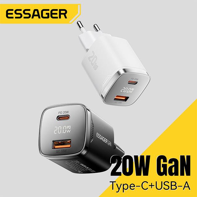 Essager GaN 20W USB Type C Charger Digital Display PD Fast Charging QC 3.0 Quick Charger For iPhone 16 15 14 Pro iPad Charging
