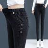 Zwarte stretch jeans dames lente herfst mode zijknop elastische hoge taille skinny jeans vrouw casual slanke denim potloodbroek