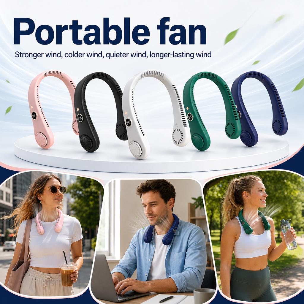 Digital Display Foldable Neck Fan Portable Wearable Personal Fan with Five Adjustable Speed Settings and Rechargeable Battery for Indoor Outdoor Use