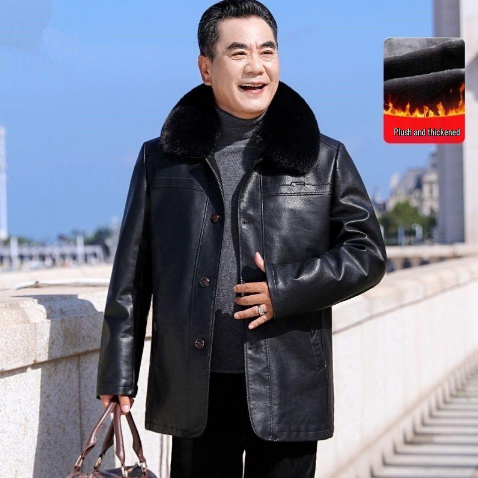 Men's Winter Leather Jacket with Fur Collar: Fleece-Lined, Thick Overcoat for Ages 50-60, Button-Up Style for Warmth.