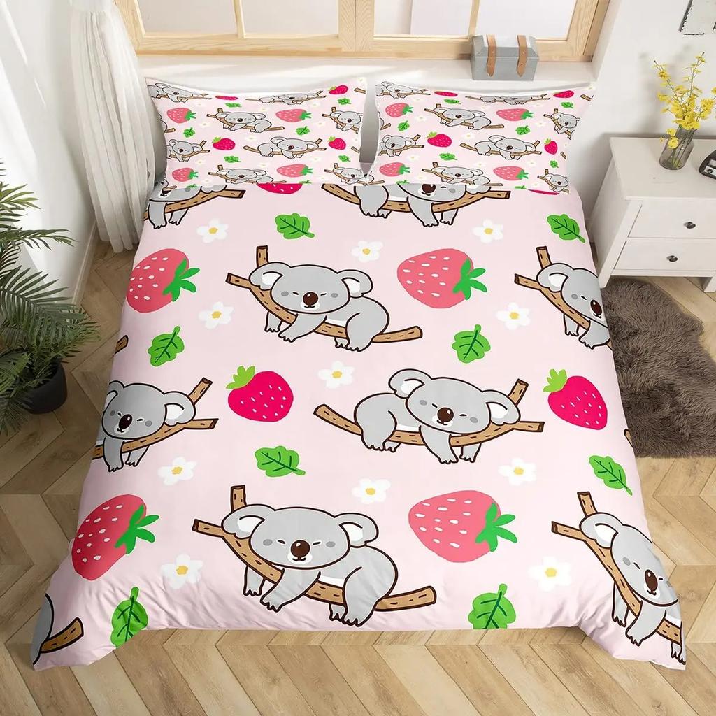Cute Cartoon Koala Duvet Cover Set Botanical Blossom Floral Comforter Cover Kawaii Wild Animal Koala Bedding Set Twin Queen Size