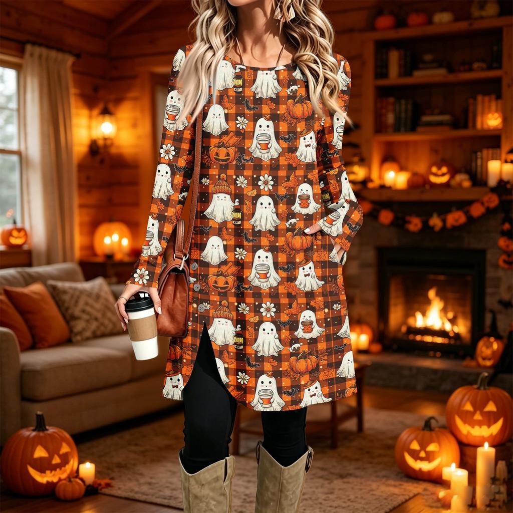 Women's Fashion Printed Round Neck Long Sleeve Dress for Casual Daily Wear