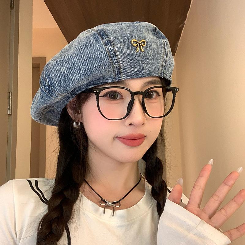 Bow denim beret women's retro big head circumference cloud painter hat showing face small bud star anise hat
