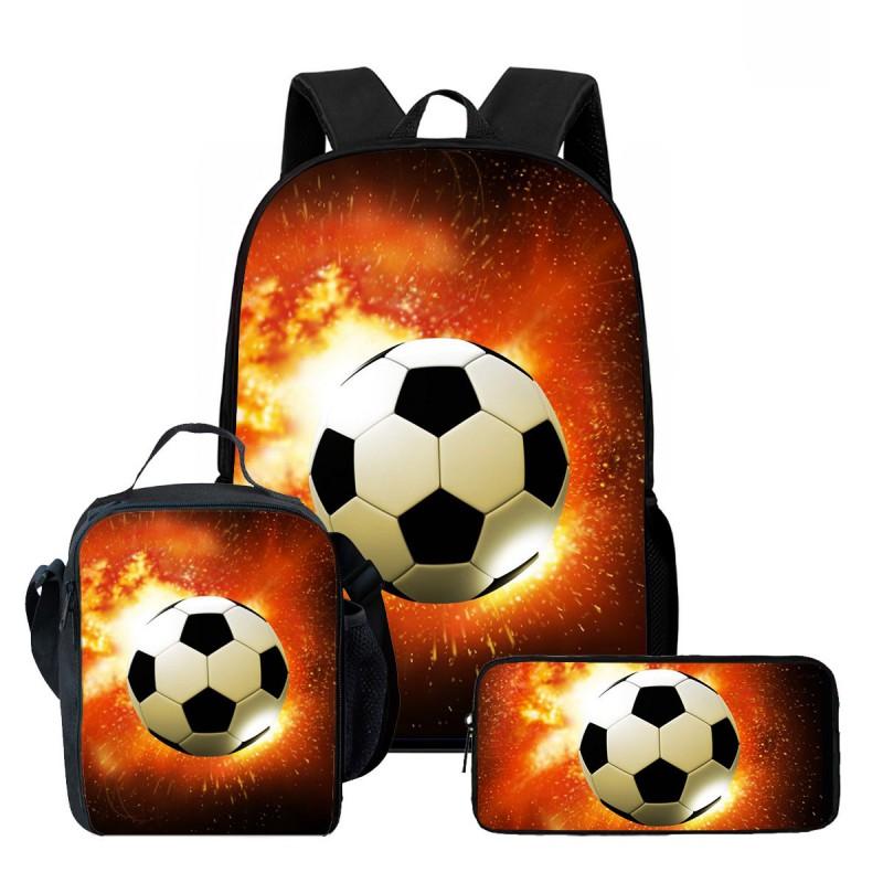 Kids School Backpack Set With Lunch Bag Pencil Case - Football Print Oxford Fabric Ergonomic Design Elementary Students