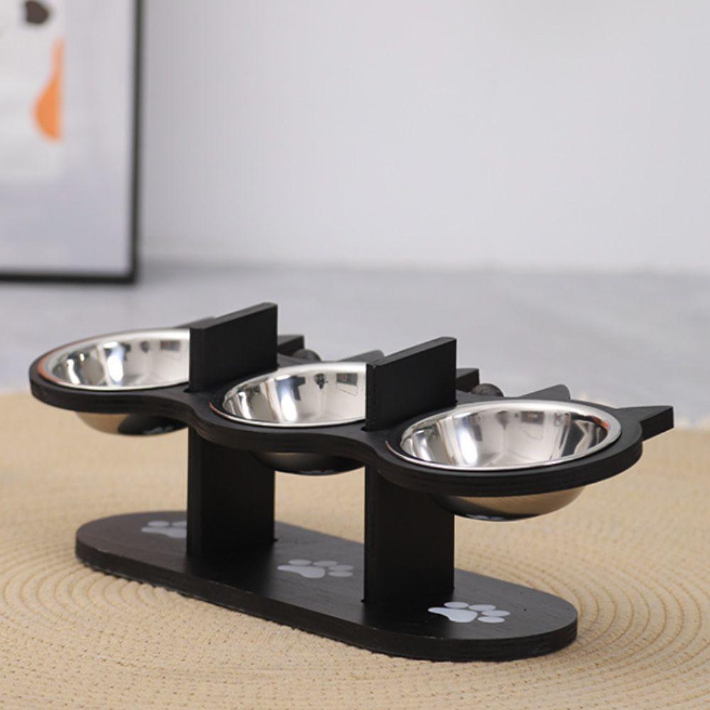 Stainless Steel Elevated Cat Dog Bowl Wooden Rack Pet Water Bowl Pet Food Feeder  Puppy