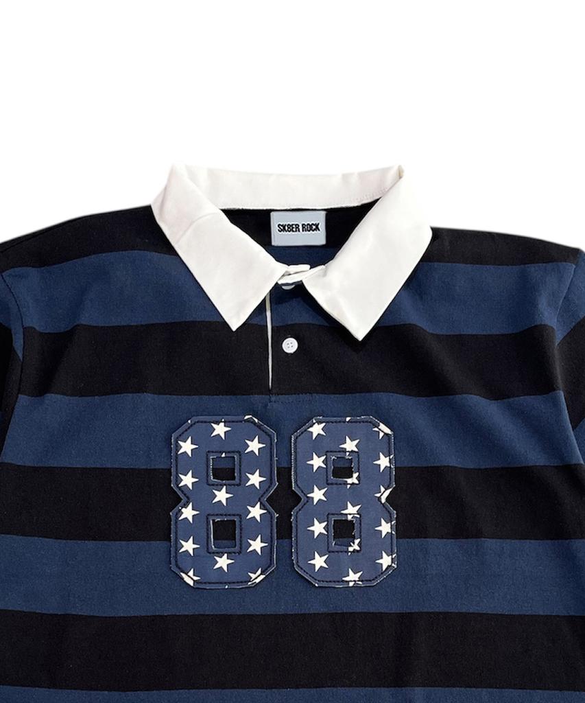 SK8ER ROCK 88 Stripe Rugby Shirt ((D/Blue*Black))