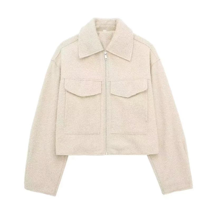 

2026 Fashion Solid Turn-down Collar Cropped Coats For Women New Autumn Warm Outerwear Zipper Long Sleeve Pockets Female Jackets L бежевий