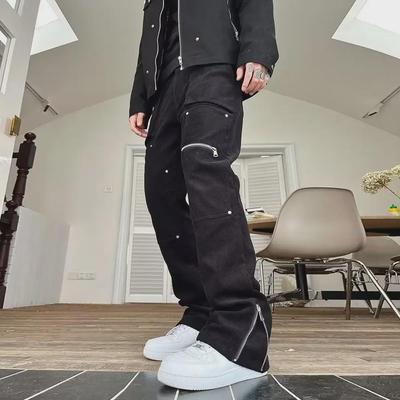 European & American High Street Men's Slim Fit Zipper Slit Hip-Hop Jeans