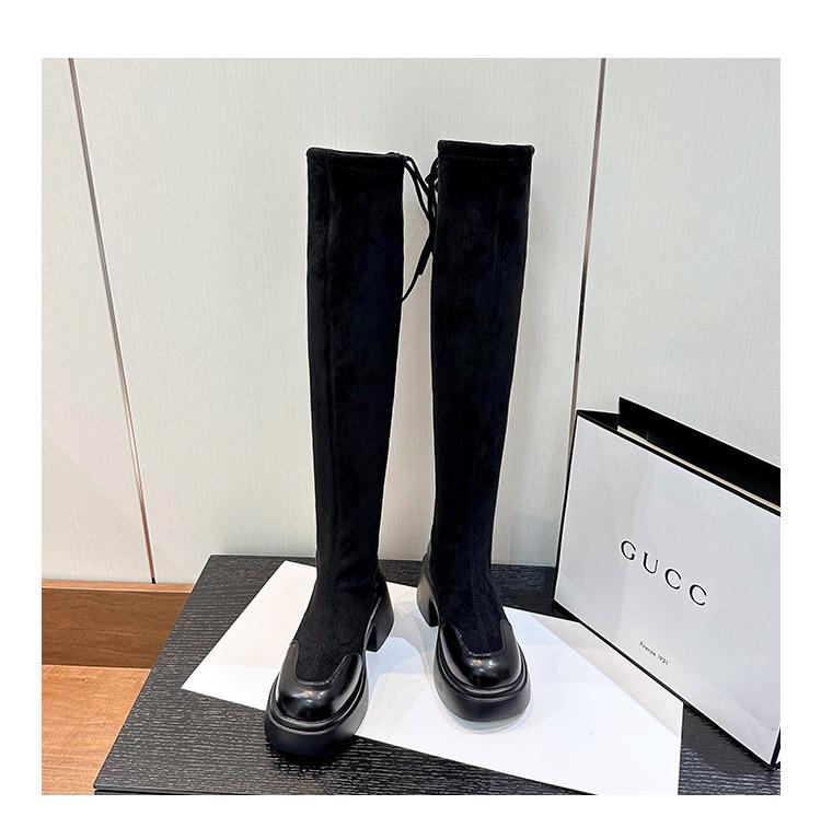 Wide Fit Over-the-Knee Elastic Sheepskin Velvet Boots, Plus Size for Autumn/Winter with Thick Sole.