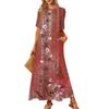 Women's Fashionable And Casual Long Beach Skirt Round Neck Short Sleeved Loose Retro Print Dress
