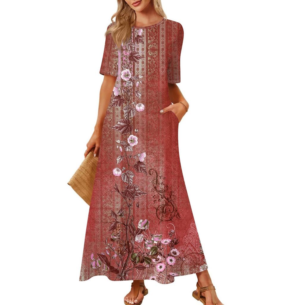 Women's Fashionable And Casual Long Beach Skirt Round Neck Short Sleeved Loose Retro Print Dress