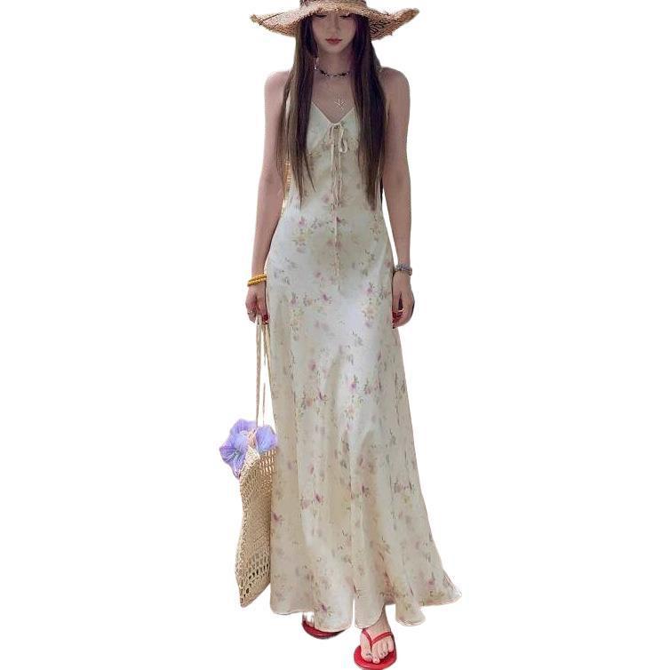 Sexy Wind Floral V-neck Dress Women's Summer Waist Pinch To Cover the Meat and Show Thinness Design Suspender Fishtail Dress