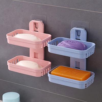 Double-Layer Soap Holder with Box Drain Sponge Holder - Wall Mounted Bathroom Organizer for Toiletries and Shampoo