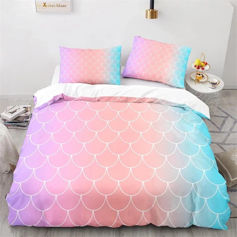 Buntes Fischschuppen Bettwäsche Set Twin King Für Kinder Mädchen Blau Rosa Meerjungfrau Hautoberfläche Druck Bettbezug Polyester Steppdecke