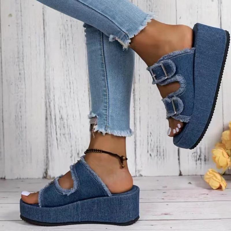 New Large-size Lame-heeled Denim Belt Buckle, One-pedal Cool Slippers, Women's Summer Wear Thick-soled Slippers