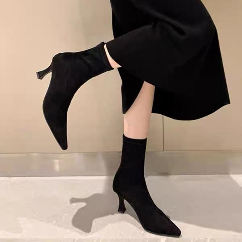Vintage Women Ankle Boots Fashion Pointed Toe Shoes Autumn Winter High Heel Ladies Elegant Stretch Slim Short Booties