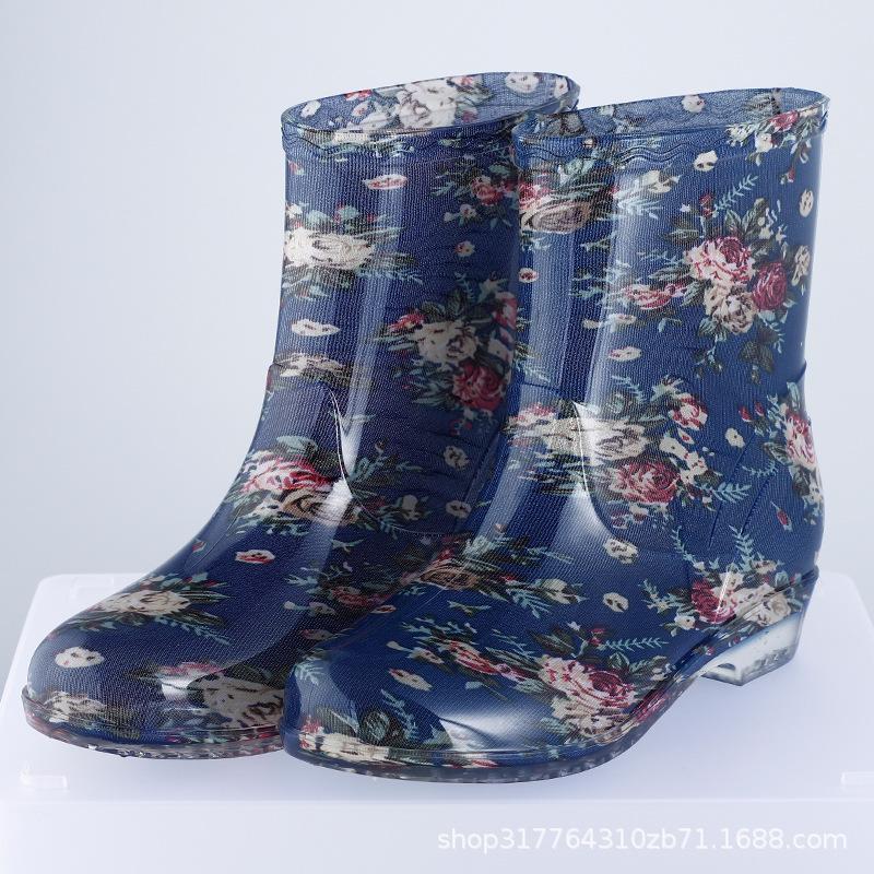 Water Shoes Medium and Low Tube Rain Shoes Women's Short Rain Boots Half Tube Water Boots Flower Cloth Adult Plus Cotton Lint Rainproof