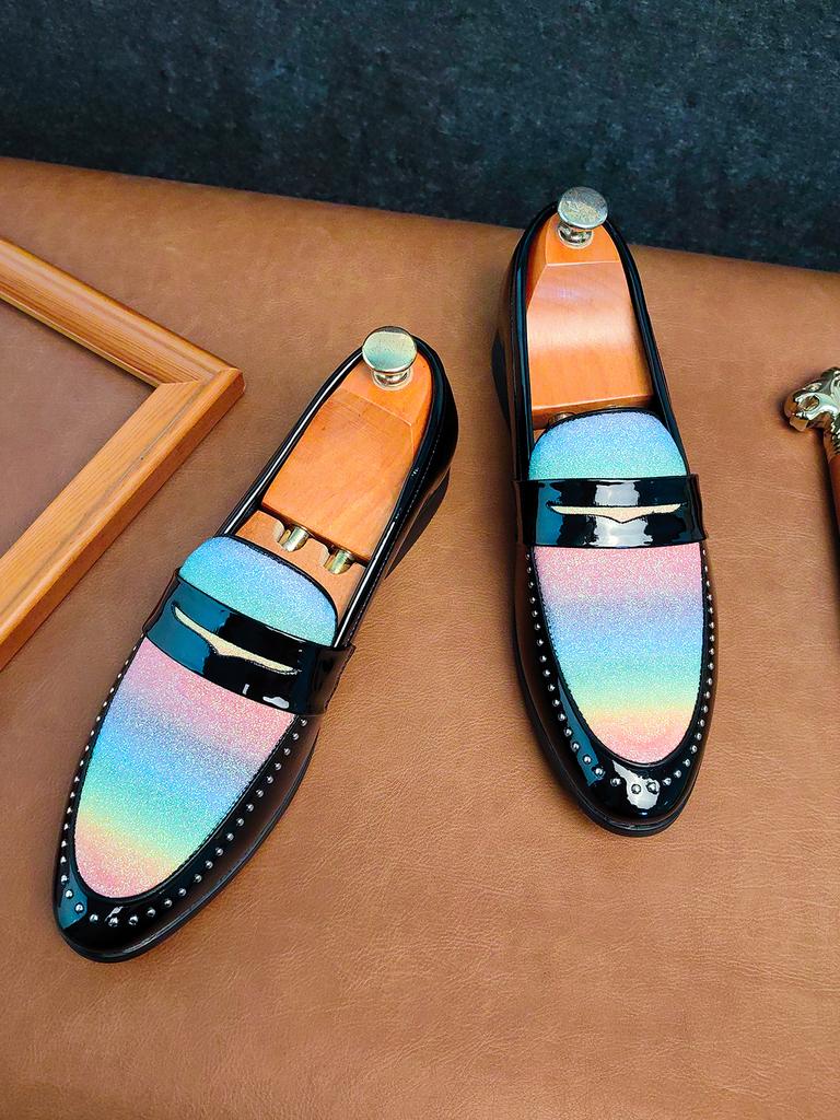 Fashion Men's Pointed Dazzling Colorful Rivet Loafter Leather Casual Shoes Male Formal Wedding Dress Homecoming Zapatos Hombre