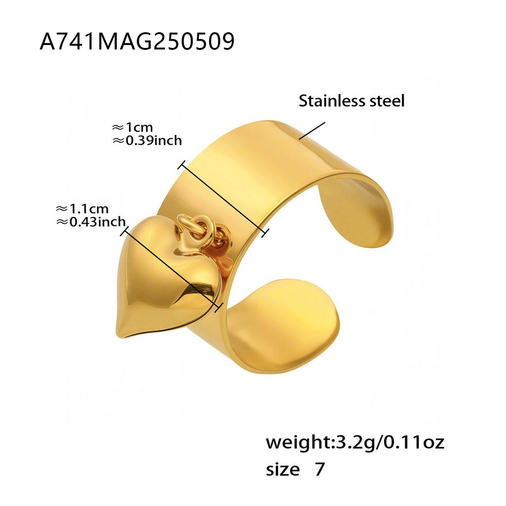 Minimalist Heart Charm Ring In 18k Gold Plated Stainless Steel Waterproof Non Tarnish Glossy Wide Open Rings For Women
