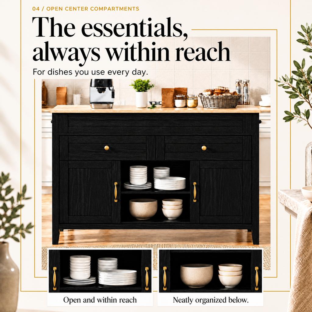 Kitchen Island with Pull-Out Dining Table, Cabinet with Countertop in Light Wood Look, Two Divided Drawers, Doors and Open Storage Compartments, Black