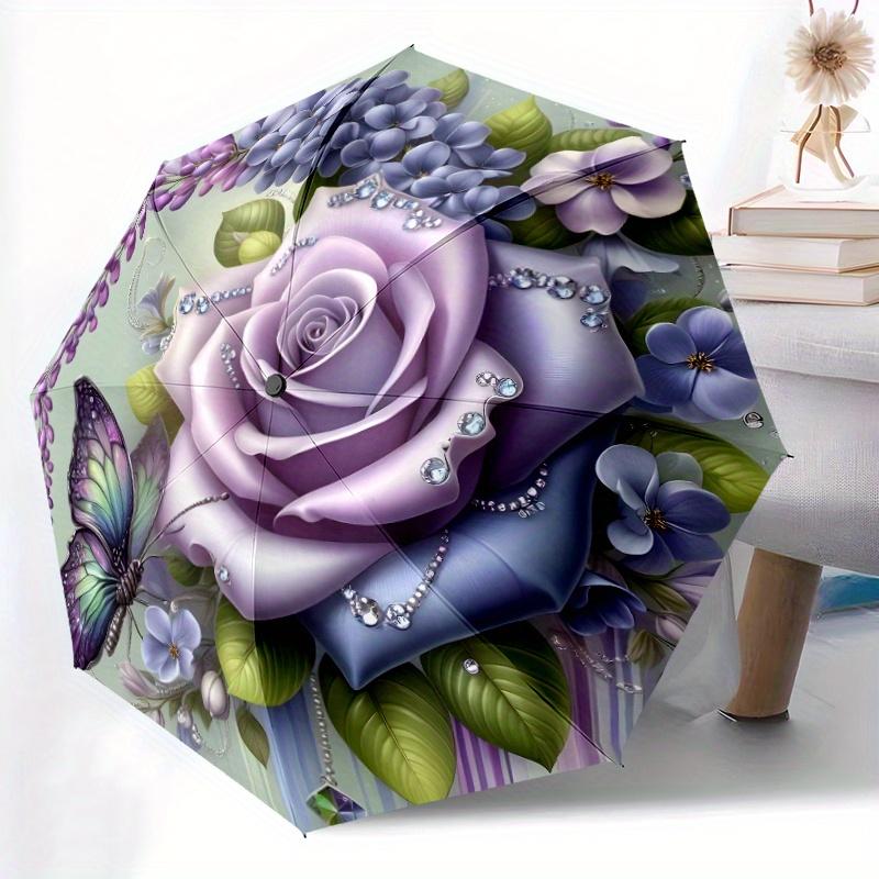 

Purple Rose Butterfly Floral Wreath Umbrella - Automatic Open/Close, & Sun Shield, 8-Rib Durable Design, Lightweight for Outdo (as the picture,Iron&8K)