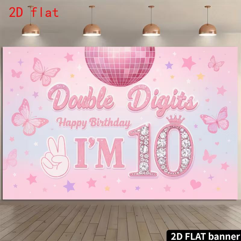 2D Double Digits 10th Birthday Backdrop, Girls Party Photo Background 47.2x31.5inch/120*80cm