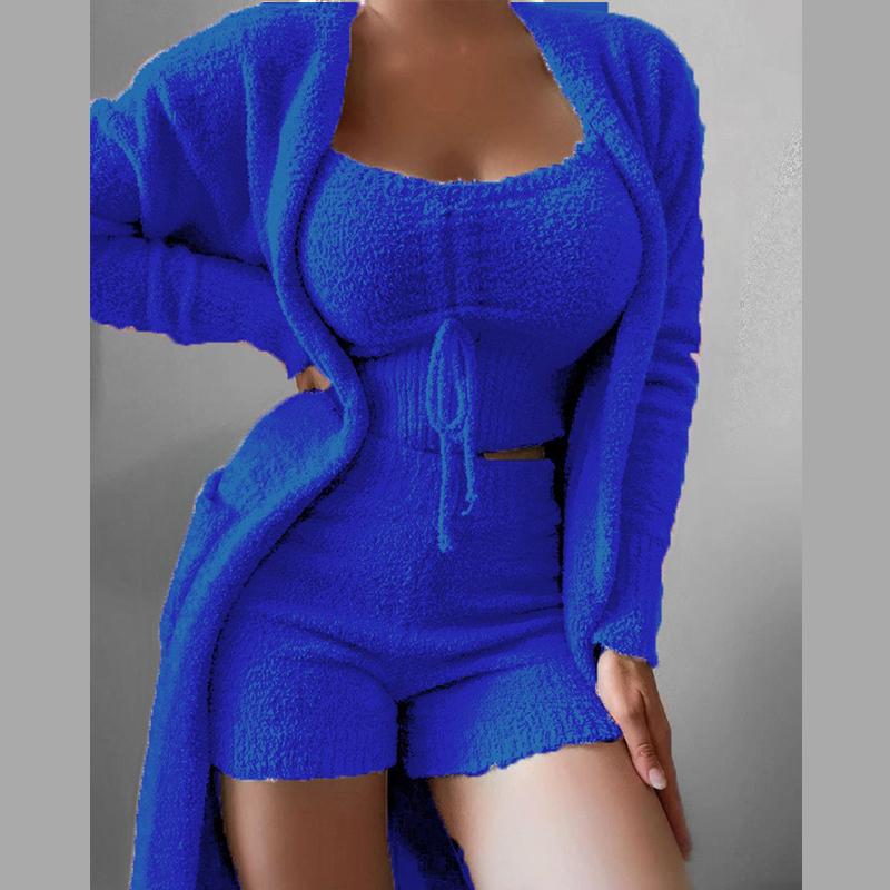 

3 предмета однотонной пижамы женские осенние бархатные кружевные укороченные топы шорты костюм кардиганы пальто модные удобные пижамы шорты комплекты L синий