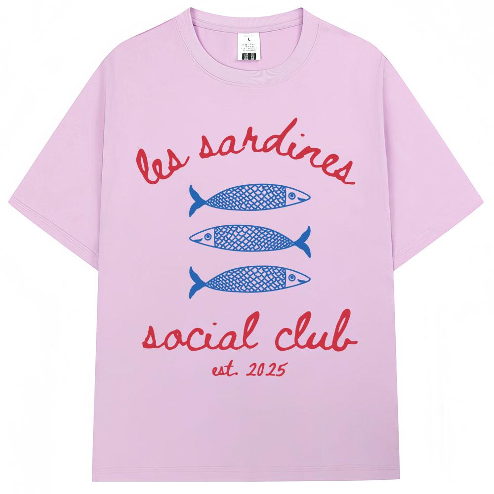 Les Sardines Social Club Graphic T Shirt Summer Fashion Vintage   Short Sleeve Oversized Cotton Casual Tees Streetwear