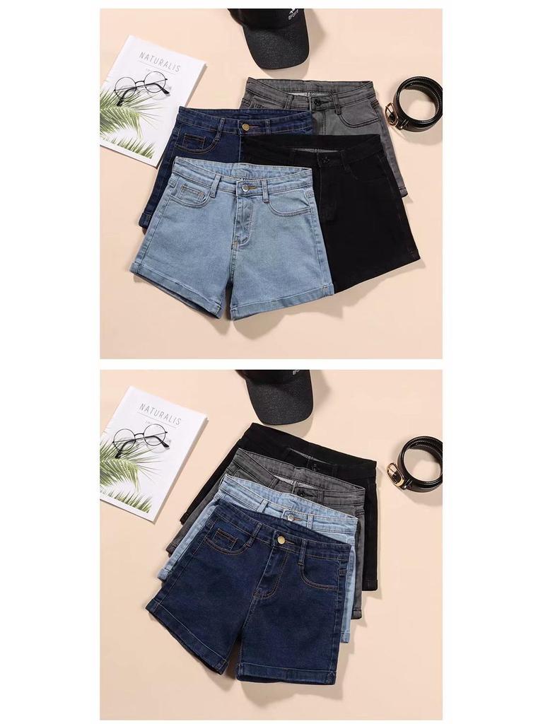 Women's High Waist Black Denim Shorts - 2025 Korean Style, Elastic, Slimming, Rolled Hem, Trendy Summer Hot Pants