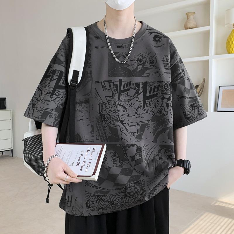 Large Size Trendy Anime Full Print Short Sleeved Men's Japanese Loose Casual Top