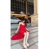 French romantic atmosphere Spice girl slim red suspender dress women's summer pure desire irregular waist dress