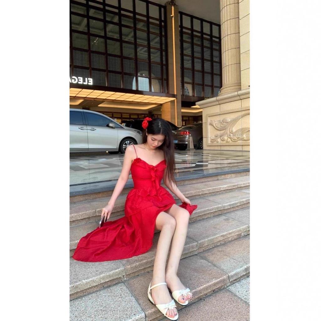 French romantic atmosphere Spice girl slim red suspender dress women's summer pure desire irregular waist dress