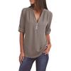 Plus Size Women Solid Color Loose Zipper V Neck Long Sleeve Chiffon Blouse Shirt