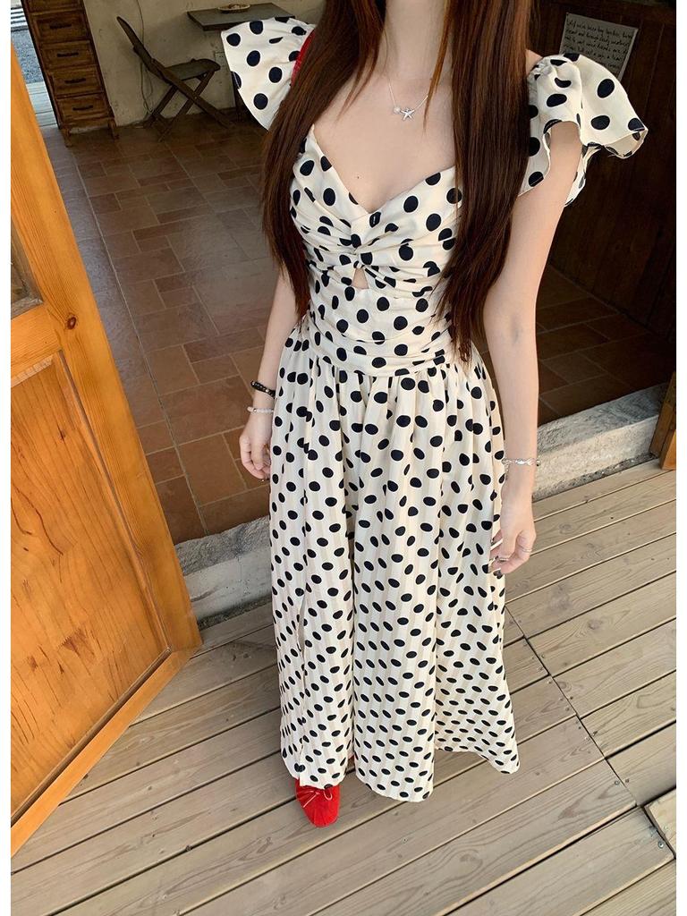 French Chic Polka Dot Summer Dress: Elegant Pleated Long Skirt with Slim Waist
