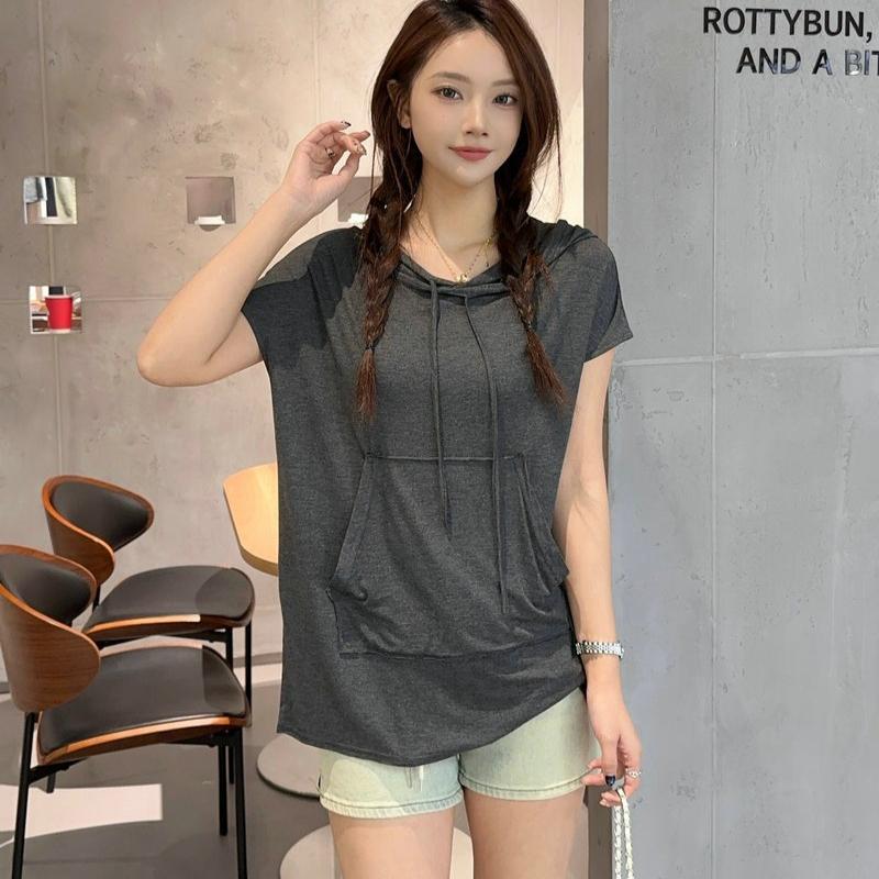 Taglie comode dalla L alla 6XL T-shirt con cappuccio in modal da donna estiva con tasca Magliette casual a maniche corte Fashion Tee Top camicia basic da abbinare a tutto