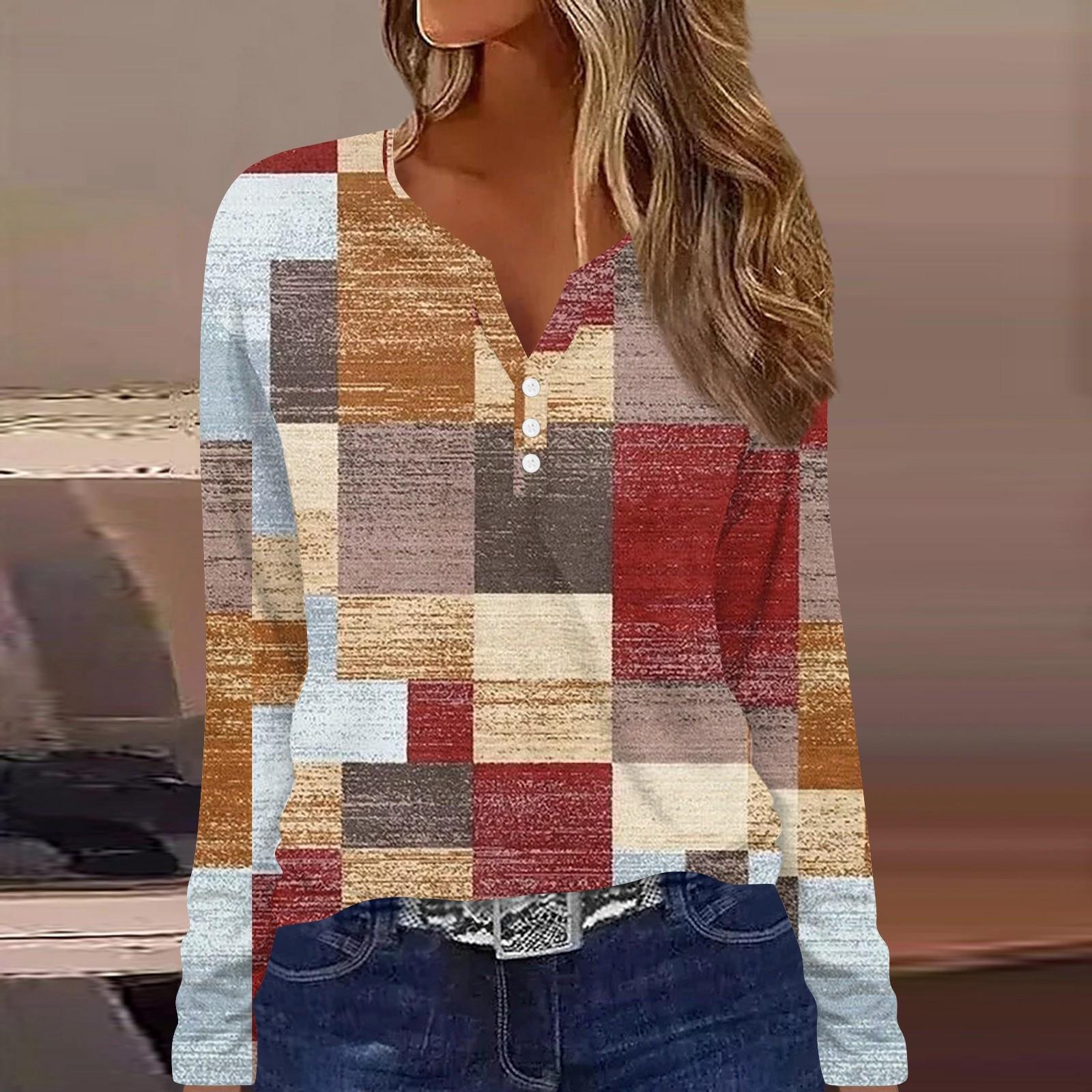 

Жіноча футболка з принтом на ґудзиках, щоденна мода на вихідні, звичайний топ із V-подібним вирізом і довгим рукавом XXL червоний