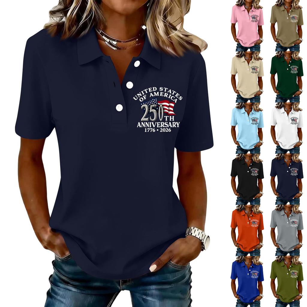 Women's Casual Button Front Short Sleeve Polo Shirt 250th Anniversary United States Printed Top 1776 To 2026 Commemorative Apparel