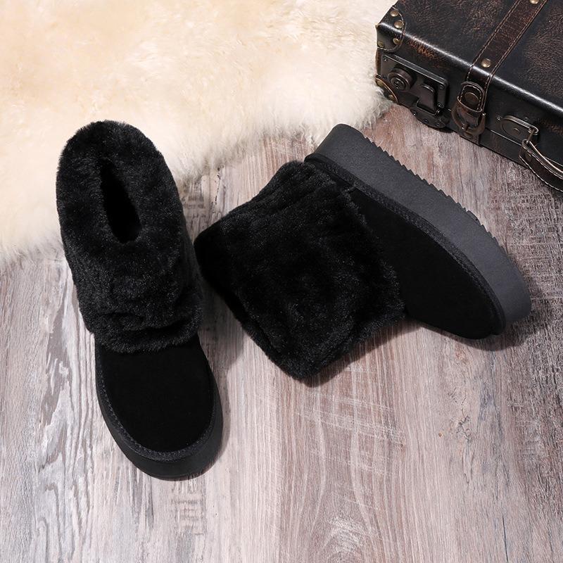 Snow Boots, Women's Fur and Fur Integration, Winter New Fleece Thickened Cotton Boots, Flat Soles, Warm Cotton Shoes, Women's Middle Weight