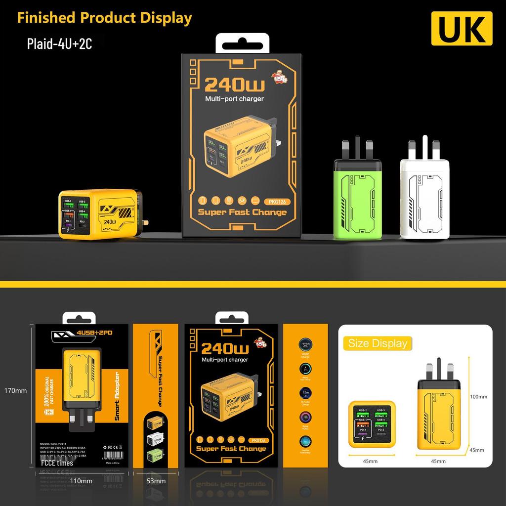 Mecha Style PD240W Fast Charger: 4-USB & 2-Type-C Ports, Compatible with Apple & Huawei Devices