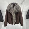 Winter new oversized natural real raccoon fur collar placket jacket women's retro versatile warm down jacket short