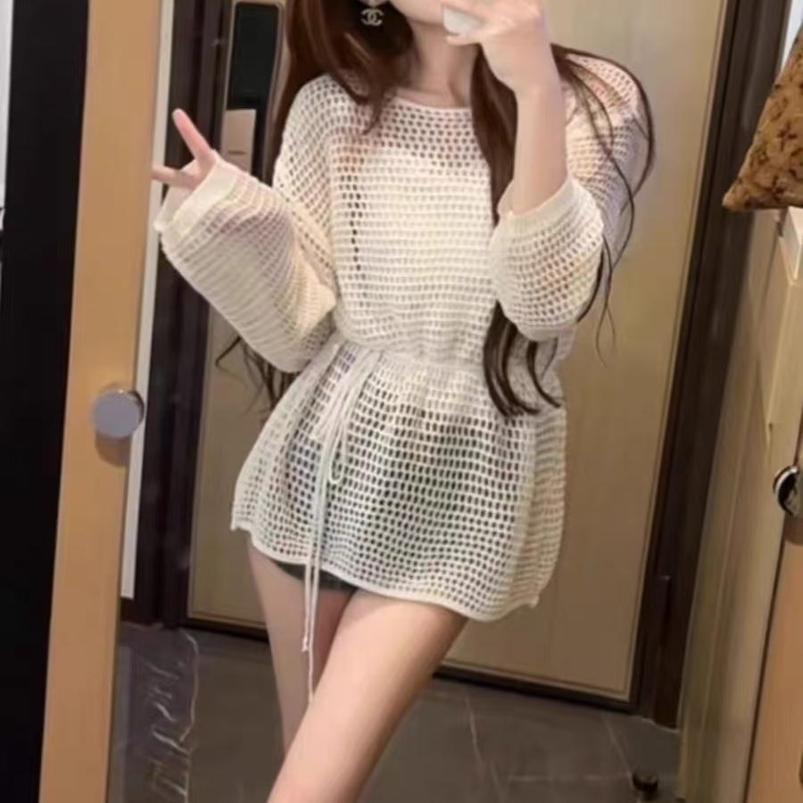 Sanftes Ein-Wort-Kragen lockeres hohles Design Taille zum Schnüren Bluse Damen lässig dünn Sonnenschutz Strickpullover Top