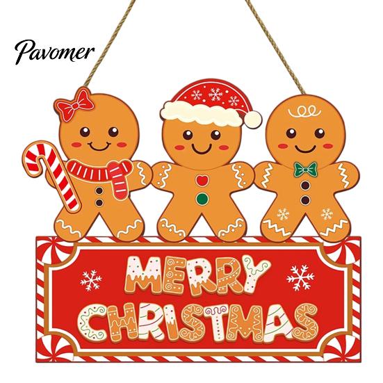 Decorative Window Display Sign Christmas Gingerbread Man Wooden Hanging for Front Door, Merry Xmas Home Entrance Plaque with Lanyard, Holiday