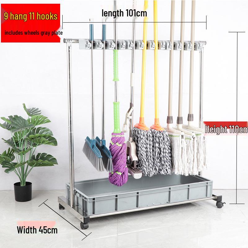 Stainless Steel Floor-standing Mop and Broom Rack with Balcony Storage