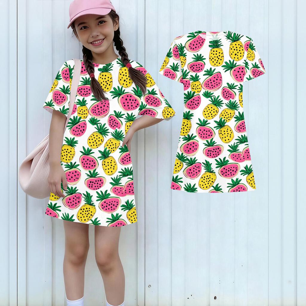 Girls Print Casual Dress Kids Loose Round Neck Short Sleeve Thin Sundress