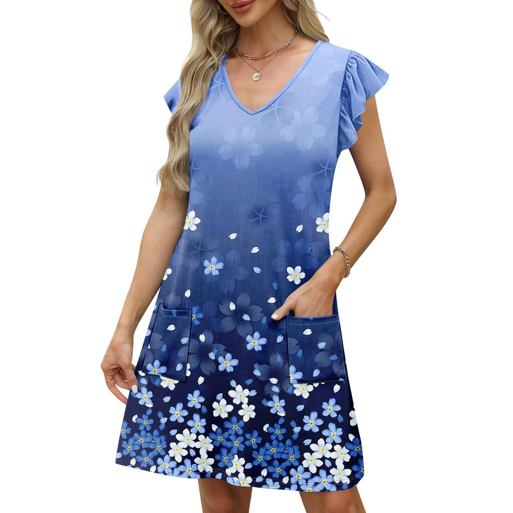 Womens Summer Dress Ruffle Sleeve V Neck Short Dresses Fashion Casual Flowy A Line Swing Sundress With Pocket