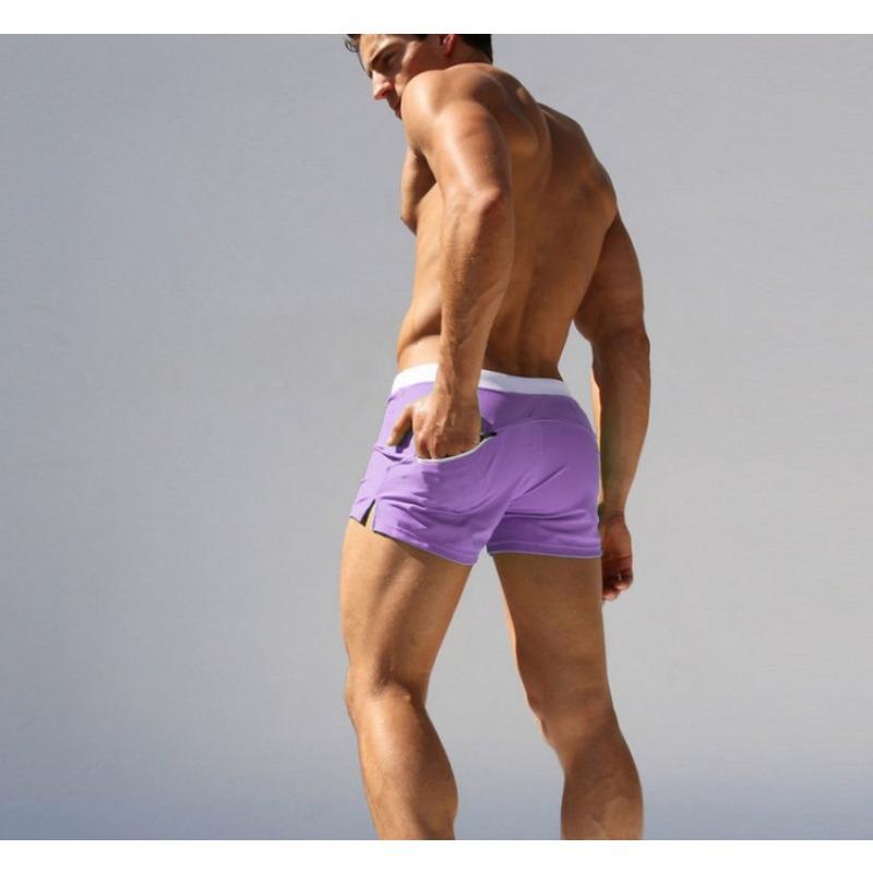 Men's solid color sexy and fashionable back pocket design, beach breathable quick-drying pants, boxer beach pants, swimming trunks.