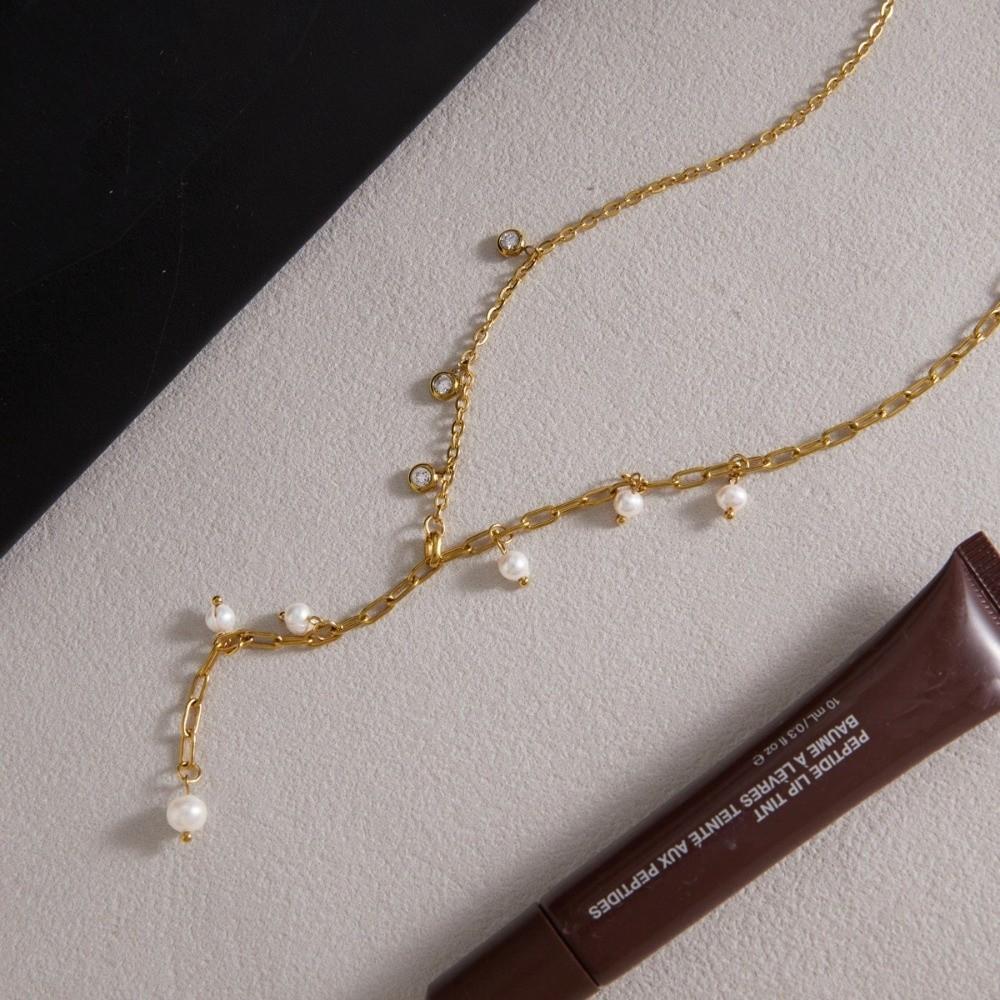 Y Shape Pearl Pendant Necklace 18K Gold Plated Wedding Necklace Elegant Chain Necklace Women